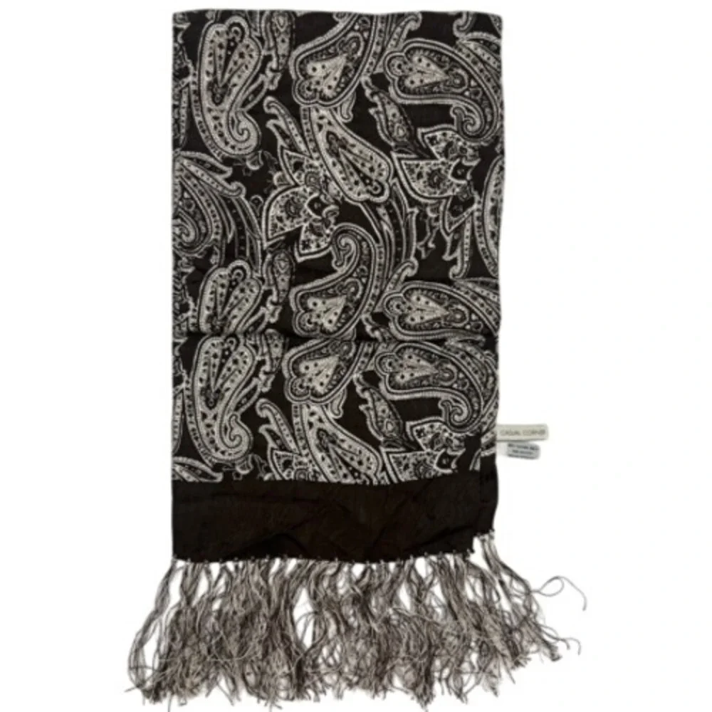 Casual Corner 100%‎ Silk Scarf Brown White With Fringe 54 in Length 10 in Wide
